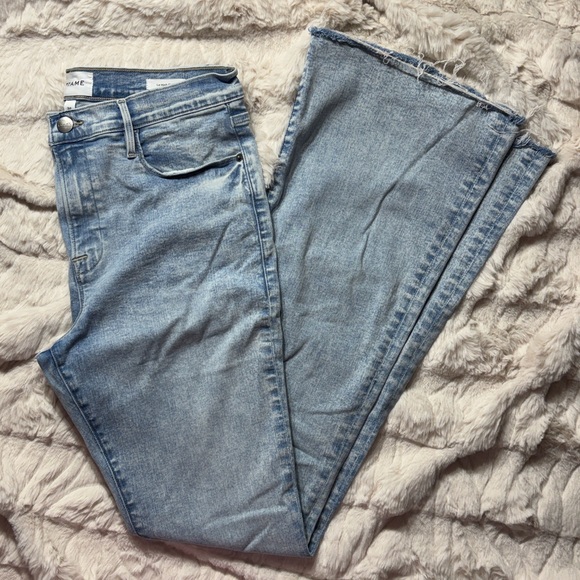 Frame Denim Denim - FRAME Le High Flare Jeans Size 32 Pali Wash Light Blue Raw Hem Designer Denim